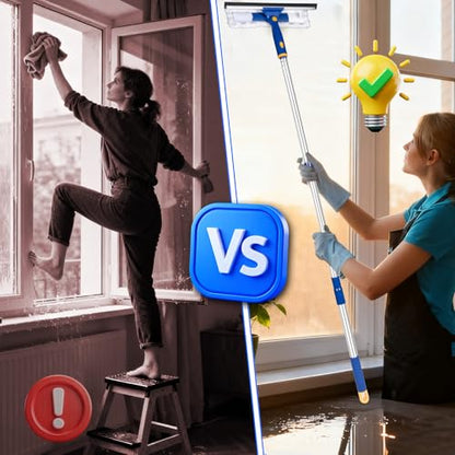 Squeegee for Window Cleaning with Extendable Pole, 53" 2-in-1 Window Cleaning Tool Kit, Shower Squeegee with Long Handle, Indoor/Outdoor High Window Cleaning-Two Pads - size: 53"