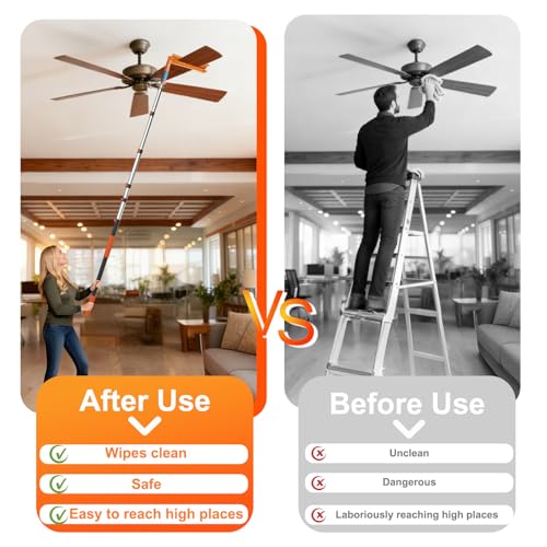 LAANPOLE 30FT Reach Ceiling Fan Cleaner Duster, Fan Blade Cleaner Kit with 5-24FT Extension Pole, Microfiber Duster & Replaceable Cleaning Cloth for Blades, Ceiling, Furniture - size: 24FT