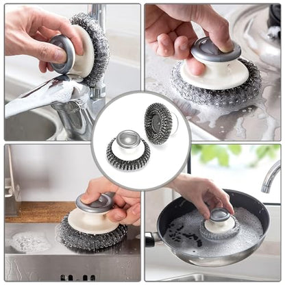 2Pcs Stainless Steel Scrubber with Handle, Steel Wool Scrubber Tool for Cleaning Dishes, Scrubbing Scouring Brush Pad for Kitchen Pots, Pans, Sink