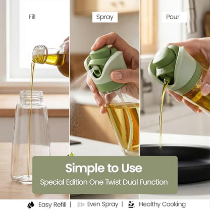 Olive Oil Dispenser for Kitchen 2-in-1 Pour and Spray | 11.5 oz / 340 ml | Glass Olive Oil Sprayer for Cooking, Airfryer, Salad & BBQ | Set of 2 Bottles, Green - color: Green