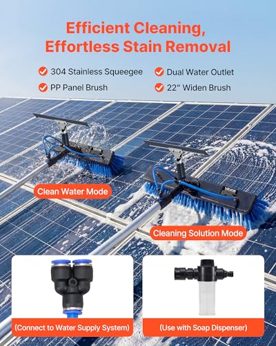 VEVOR Solar Panel Cleaning Kit, 26 ft, Water Fed Pole Kit with Cleaning Brush, Squeegee, Soap Dispenser, Extendable Aluminum Telescopic Pole, 180° Rotatable Brush Head, for Roof Mounted Solar Panels - size: 26 Ft