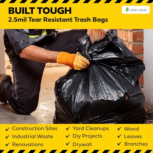 Lime Linen 60 Gallon Heavy Duty Contractor Xl Black Garbage Bags | Industrial, Construction & Yard Waste | Tear Resistant | 20 Pack, Extra Thick 2.5 Mil, Tie Bags, Interleaved On Roll Secure Closure - color: 60 Gallon, size: 1 Count (Pack of 20)