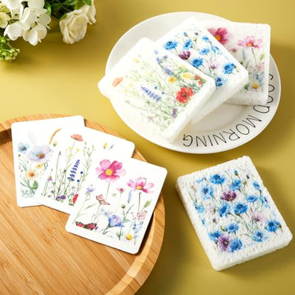 Chengu 12 Pcs Kitchen Dish Sponges - Wildflowers Printed Compressed Cellulose Sponges - Non-Scratch Reusable Household Cleaning Sink Sponge for Kitchen Dishes Bathroom Cars - style: Wildflower