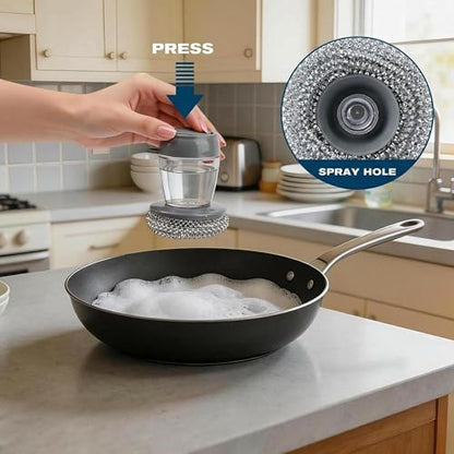 Comfort Grip Soap Dispensing Kitchen Scrub, Heavy Duty Kitchen Scrub Brush with Comfort Grip, Replaceable Cleaning Balls, Non-Slip Handle for Dishes, Pots, Pans, Sinks & Countertops (2 + 4pcs Balls)