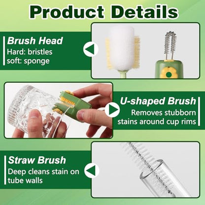 5 in 1 Bottle Cleaning Brush Set, 2026 Multifunctional Lid Brush Cleaning Tool Kitchen, Portable Long Handle Bottles Scrubber for Cup Lids, Hard Bristle Sponge Head Bottle Brushes (White and Green)