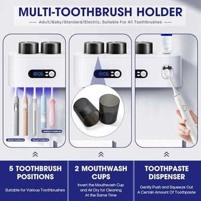 Toothbrush Sterilizer Holders,Smart Drying and Cleaning Wall Mounted Holder with Automatic Toothpaste Dispenser, 5 Brush Slots 2 Cups for Bathroom (White) - color: White