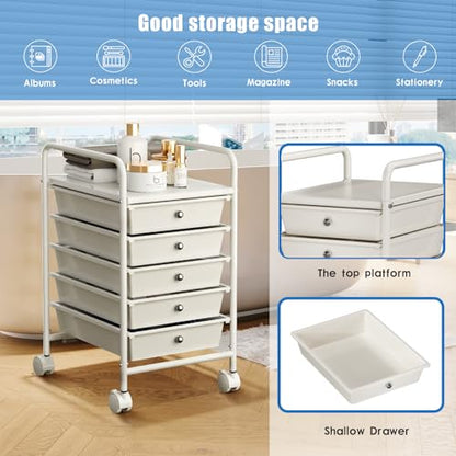 5-Tier Rolling Cart with 5 Drawers, Rolling Utility Cart with 2 Lockable Caster Wheels, Multipurpose Mobile Rolling Storage Drawer Cart for Office Bathroom Kitchen, Ivory White - size: White, 5-Tier