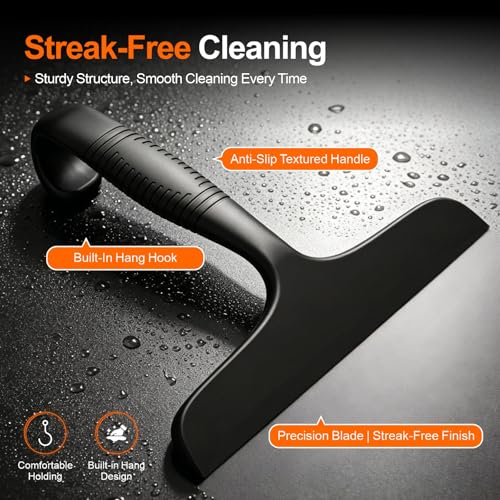 Window Squeegee for Shower Doors, Bathroom, Mirror, Black | Non-Slip Grip Handle with built-in hanging hook