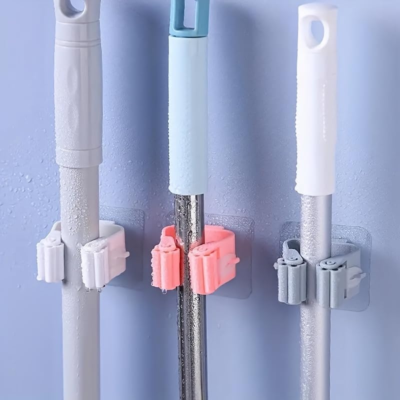 3PCS Mop Broom Holder Hook Wall Mounted Self Adhesive Detachable Non Slip Waterproof Broom Clip Organizer Bathroom Kitchen Garage, White - color: White