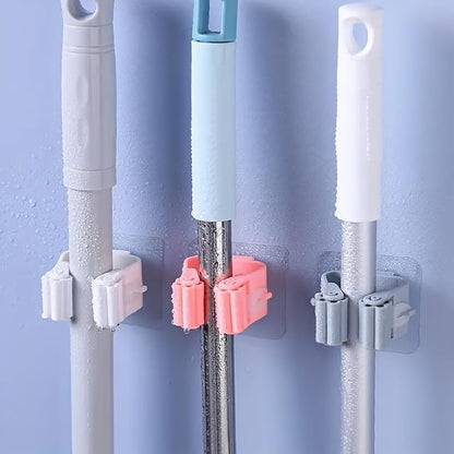 3PCS Mop Broom Holder Hook Wall Mounted Self Adhesive Detachable Non Slip Waterproof Broom Clip Organizer Bathroom Kitchen Garage, White - color: White