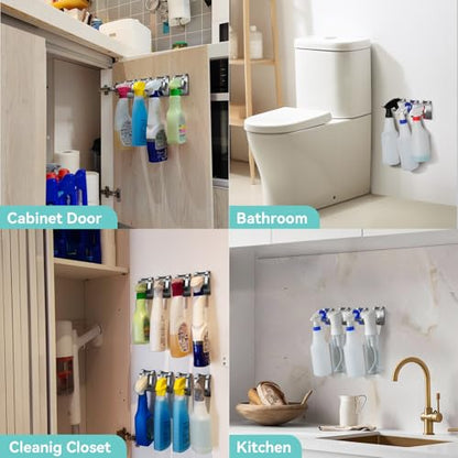 KIHOGEM Spray Bottle Hanger, Adhesive Spray Bottle Hook Stainless Steel Spray Bottle Holder Wall Mount Non Drilling for Cabinet, Kitchen or Under Sink (4pcs) - color: Sliver