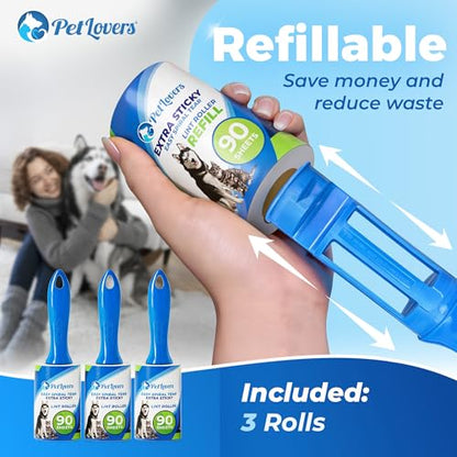 PetLovers Extra Sticky Lint Roller Value Set 270 Sheets for Pet Hair Removal and Clothes, Dog and Cat Lint Remover, 3 Pack - size: 3 Pack
