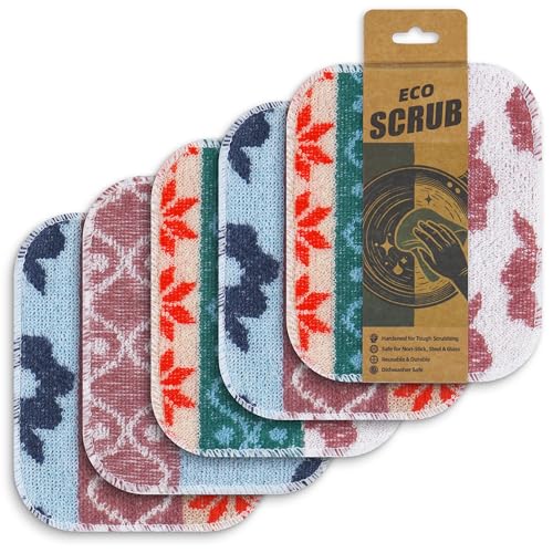 Amarelle GEN II Dish Washing Scrubbers (5-Pack), Made in Green Kitchen Scrubbers for Dishes, Non Scratch Pot & Pan Scrubber, Dual-Sided Heavy-Duty Scouring Pads, Reusable (Nordic Folk) - color: Nordic Folk, size: 5-pack