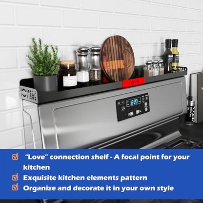 STUTOV 30" Magnetic Stove Top Shelf – Black Spice Rack with Red LOVE Design – Seasoning Organizer for Back of Stove – Over Stove Rack and Kitchen Storage Shelf - color: Black with Red Love