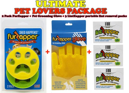 Ultimate Pet Owner Bundle - Includes 2 FurZappers, 1 FurZapper Pet Grooming Glove, 3 LintZapper Packs (120 Total Sheets) White