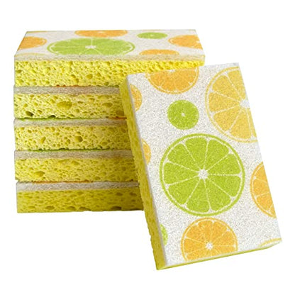 CELOX Lemon Printed Dual Sided Scrub Dish Sponges, Non Scratch Sponge for Kitchen Cleaning, 4.5" x 2.8" x 0.8" (6)