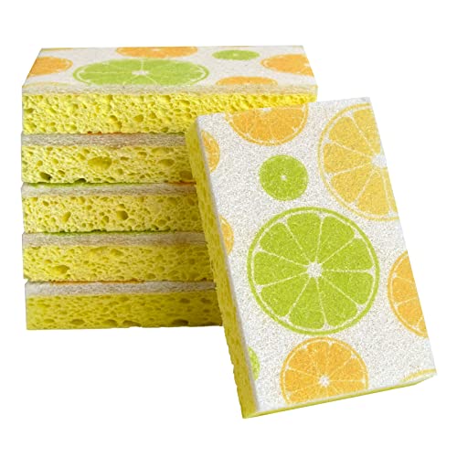 CELOX Lemon Printed Dual Sided Scrub Dish Sponges, Non Scratch Sponge for Kitchen Cleaning, 4.5" x 2.8" x 0.8" (6)