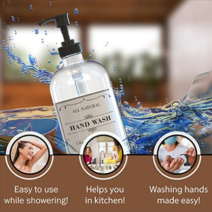 Sunrise Premium 16 OZ Thick Clear Glass Soap Dispenser with Pump 2 Pack, Hand and Dish Soap Dispenser Set for Bathroom and Kitchen with 6 Waterproof Labels - color: Black Plastic Pump - Clear Glass