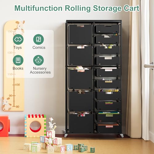 EasyPAG Rolling Storage Cart With 15 Drawers, Metal Craft Organizers And Storage Cart With Wood Tabletop, 30 Lbs Capacity Per Drawer For Home Office Classroom And Dorm, Black - size: 15 Drawers