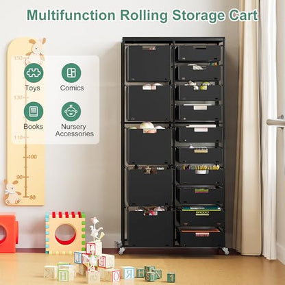 EasyPAG Rolling Storage Cart With 15 Drawers, Metal Craft Organizers And Storage Cart With Wood Tabletop, 30 Lbs Capacity Per Drawer For Home Office Classroom And Dorm, Black - size: 15 Drawers