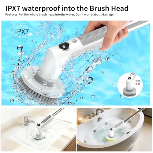 Electric Spin Scrubber, Cordless 20W High-Torque Cleaning Brush Bathroom Scrubber, IPX7 Waterproof Electric Scrubber with 6 Brush Heads, Extendable Long Handle Power Scrubber for Bathtub Floor