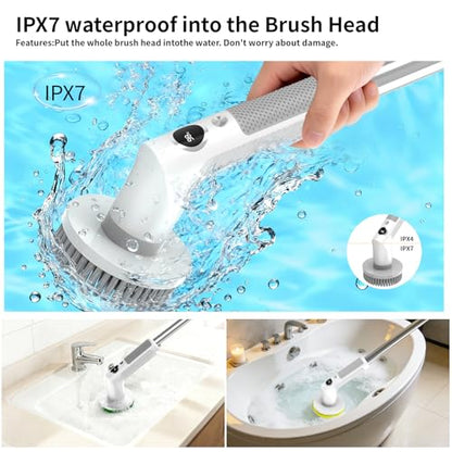 Electric Spin Scrubber, Cordless 20W High-Torque Cleaning Brush Bathroom Scrubber, IPX7 Waterproof Electric Scrubber with 6 Brush Heads, Extendable Long Handle Power Scrubber for Bathtub Floor