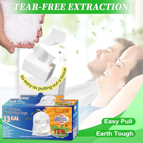 Trash Bags 13 Gallon Tall Kitchen Drawstring Garbage Bags,Fit 13 Gal Bins,Heavy Duty Tear&Leak Resistant Unscented Recyclable Trash Can Liners for Home Office Bathroom Garden Garage Outdoor - style: 13 Gallon-White