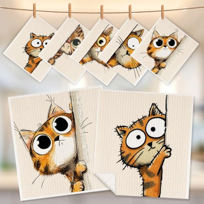 5 Pcs Cartoon Cute Peeking Kitten Swedish Dishcloths, Kitty Swedish Dishcloth, Funny Cat Dish Cloths for Drying Dishes, Reusable Cleaning Cloths, Cat Lover Gifts for Women 2 - color: Lm 03433