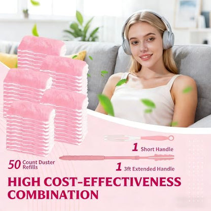 Pink Duster Refill for Swiffer Duster, 50 Count Disposable Dusters Kit for Cleaning Dusting Furniture Blind Ceiling Fan, Multi Surface 360 Feather Duster + 3FT Extended Handle + 1 Handle - color: 50 Count & 2 Handle (Pink)