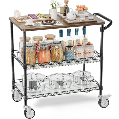 Leteuke Rolling Kitchen Carts with Wheels, 34" L x 17.5" W, 3-Tier Heavy Duty Utility Cart with Wood Tabletop, NSF Commercial Metal Serving Cart with Handle and Shelf Liner for Kitchen, Black - color: Wood-black