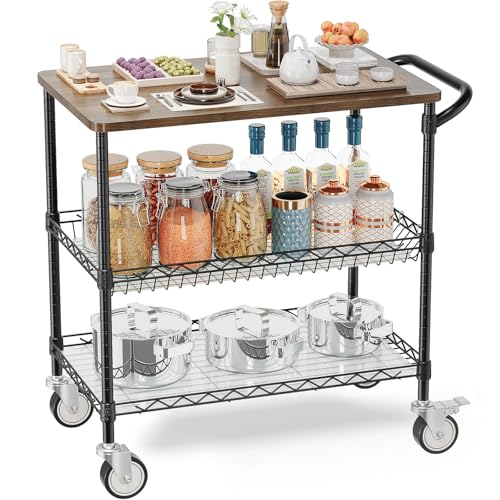 Leteuke Rolling Kitchen Carts with Wheels, 34" L x 17.5" W, 3-Tier Heavy Duty Utility Cart with Wood Tabletop, NSF Commercial Metal Serving Cart with Handle and Shelf Liner for Kitchen, Black - color: Wood-black