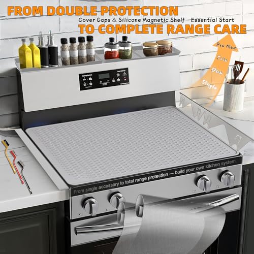 Stainless Steel Stove Gap Covers Set with Magnetic Stove Shelf,Brushes | 2-in-1 kitchen solution with adjustable gap covers and magnetic stove shelf,Brushes for organization & cleaner cooking space - color: Silver/Gray