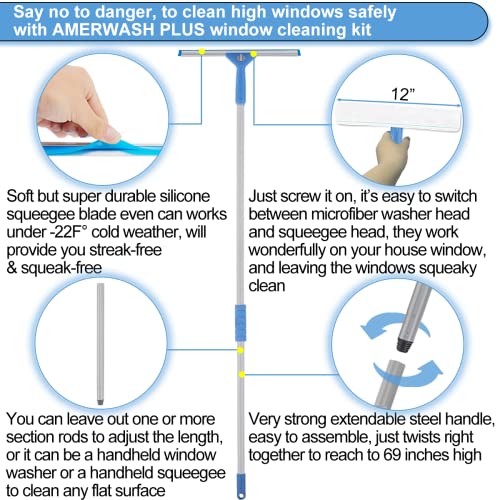 AMERWASH PLUS Window Squeegee Washing Kit for High Window, Shower Glass Door, Mirror Cleaning, with 69-inch Extension Pole, Extra 14'' Wide Squeegee and 2 Microfiber Scrubbers Included - size: Window squeegee with long handle
