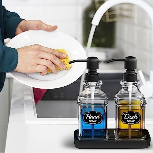 LMQML Soap Dispenser - 2 Pack, Antique Design Thick Glass Hand Soap Dispensers with Sturdy Tray; 304 Rust Proof Stainless Steel Black Pump, 12Pcs Stickers, for Kitchen, Bathroom - color: Black