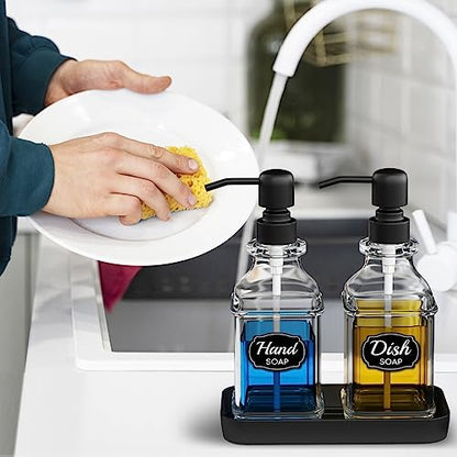LMQML Soap Dispenser - 2 Pack, Antique Design Thick Glass Hand Soap Dispensers with Sturdy Tray; 304 Rust Proof Stainless Steel Black Pump, 12Pcs Stickers, for Kitchen, Bathroom - color: Black