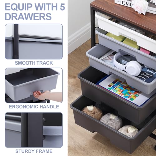 SYKIARIOL Utility Cart with 5 Drawers,Storage Drawer Cart with Wooden Tabletop and Lockable Wheels,Craft Storage Trolley Cart,5-Tier Rolling Utility Cart on Wheels,Dark Grey - color: Dark Grey