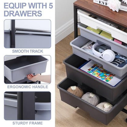 SYKIARIOL Utility Cart with 5 Drawers,Storage Drawer Cart with Wooden Tabletop and Lockable Wheels,Craft Storage Trolley Cart,5-Tier Rolling Utility Cart on Wheels,Dark Grey - color: Dark Grey
