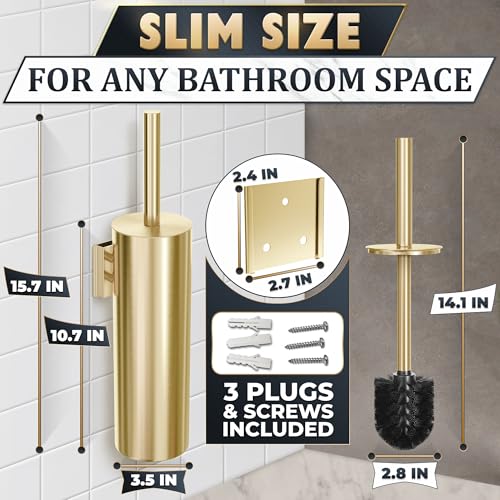 Gold Toilet Brush and Holder Set with Wall Mount - Modern Wall Mounted Toilet Brush Made from Corrosion-Resistant Stainless Steel - Removable Inner Bowl, Splash Protection & Dense Bristles Supplied - color: Gold Wall-mounted