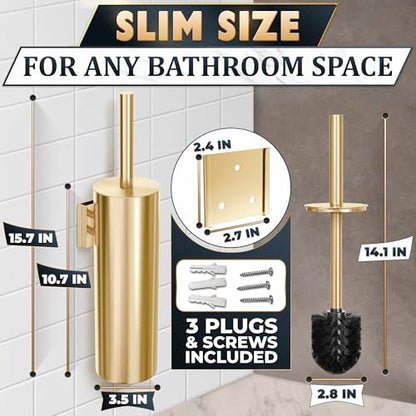 Gold Toilet Brush and Holder Set with Wall Mount - Modern Wall Mounted Toilet Brush Made from Corrosion-Resistant Stainless Steel - Removable Inner Bowl, Splash Protection & Dense Bristles Supplied - color: Gold Wall-mounted