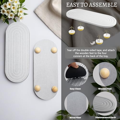 Instant Dry Sink Caddy Organizer, Fast Drying Sink Caddy, Water Absorbing Stone Sponge Holder for Kitchen and Bathroom Countertop with Natural Loofah and Wooden Feet - color: White