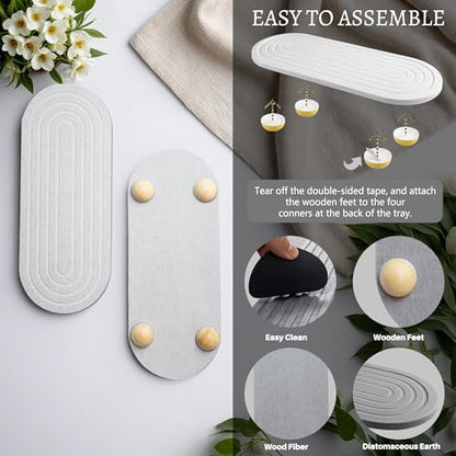 Instant Dry Sink Caddy Organizer, Fast Drying Sink Caddy, Water Absorbing Stone Sponge Holder for Kitchen and Bathroom Countertop with Natural Loofah and Wooden Feet - color: White