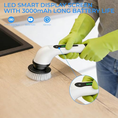 Electric Spin Scrubber Cordless for Bathroom & Floor, Extendable, 6 Heads | No bending needed. Cordless scrubber cleans bathroom, kitchen tiles & rims easily. 2 speeds, IPX7 & 6 heads.