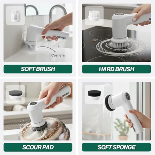 SonicPower Electric Spin Scrubber – Handheld & Ergonomic, IPX7 Waterproof, 4 Multi-Purpose Brush Heads, Long-Lasting Rechargeable Battery – Cleans Dishes, Bathroom, Tile, Grout & Kitchen (White) - color: White