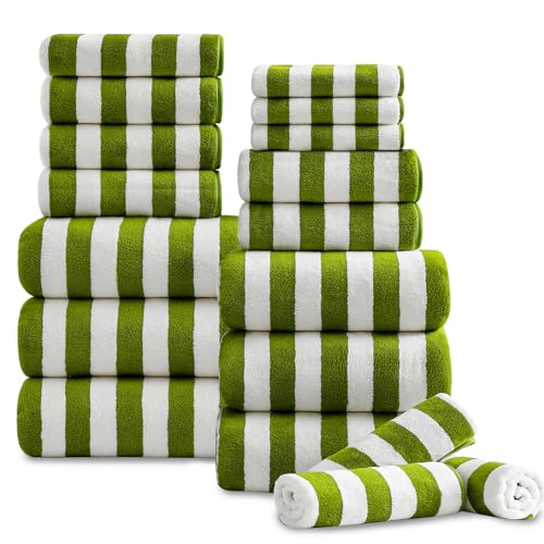 18 Pcs Green Stripe Bath Towel Set with Hanging Loop-6 Bath Towels,6 Hand Towels,6 Washcloths Soft Family Towels Set Bathroom Towel Highly Absorbent Quick Dry Shower Towel for Beach Spa Gym Hotel - color: Green White, size: 18 Pcs Towel Set