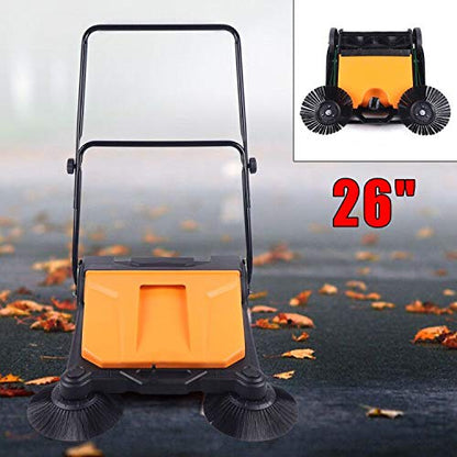26'' Manual Sweeper Orange Belt 55 Liters Large-Capacity Trash Can Double Push Commercial Sweeper Floor Broom Cleaner SuitableRoads Chicken Farms Stations Airports