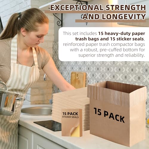 (15-Pack) Calvana Super Strong Compactor Bags, Heavy-Duty Kitchen Paper Trash Bags with Leak Proof Plastic Liner, Fits GE Model Compactors with Rectangular Containers, Includes 15 Sticker Seals - style: (15 Pack) Trash Bags + Stickers
