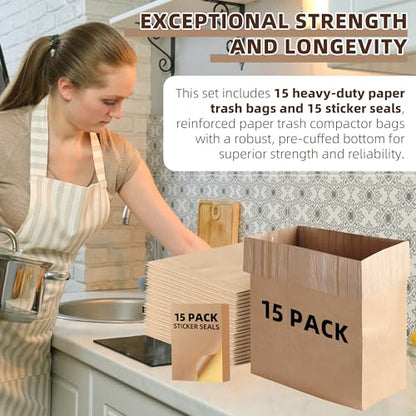 (15-Pack) Calvana Super Strong Compactor Bags, Heavy-Duty Kitchen Paper Trash Bags with Leak Proof Plastic Liner, Fits GE Model Compactors with Rectangular Containers, Includes 15 Sticker Seals - style: (15 Pack) Trash Bags + Stickers