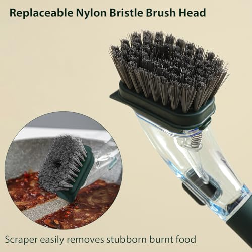 DAPOWER Soap Dispensing Dish Brush with Handle, Kitchen Scrub Brush for Dishes Pots Pans Sink Cleaning (Dark Green) - color: Dark Green