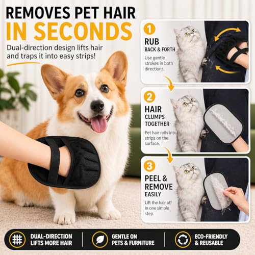 2 PCS PAWZZ Pet Hair Removal Glove for Dogs & Cats, Great for Deshedding & Removing Fur from Couch, Carpet, Car Seats & Clothing, with Bonus Lint Roller