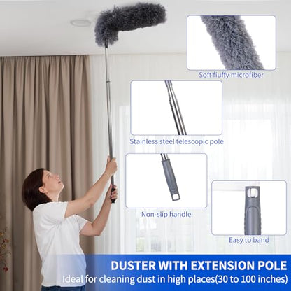 FrutPunch Duster with Extension Pole,Ceiling Fan Cleaner Duster Set of 6, Telescopic Cobweb Feather Duster 100 Inch,Ceiling Fan Duster, House Cleaning Tool Set